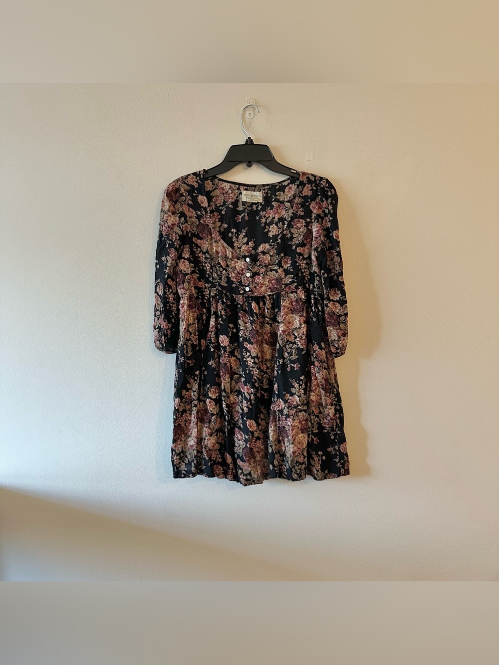 DENIM SUPPLY RALPH LAUREN Dress XS Floral Babydoll Mini Gauze 3/4 Sleeve Black